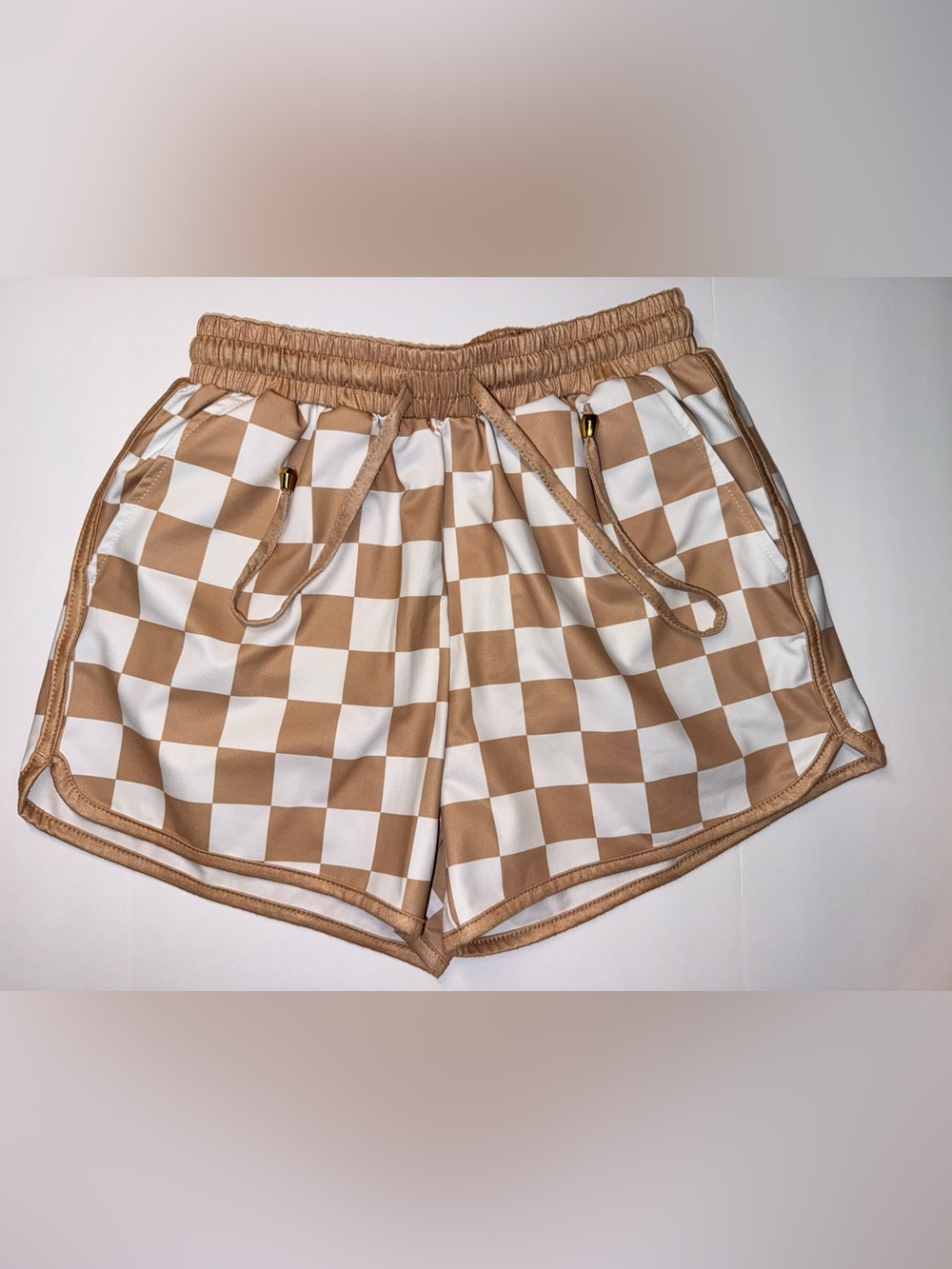 Jess Lea Checkerboard Drawstring Women’s Shorts - Tan & White